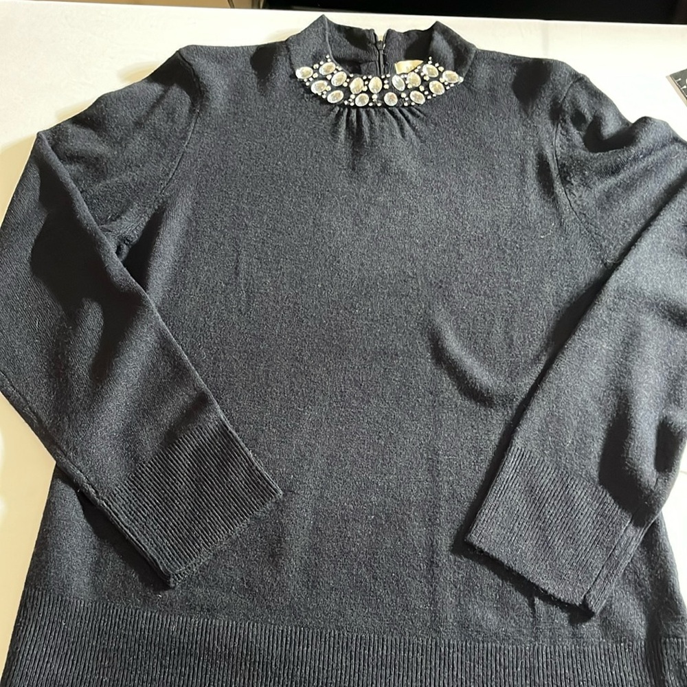 Debbie Morgan size  large black mock turtle neck sweater rhinestone detail